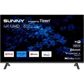 Sunny SN65FMN501 Ultra HD 4K TV, siyah çerçeveli 65 inç televizyonun önden görünümü