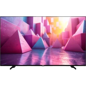 Vestel 58UA9740 Ultra HD 4K LED TV, renkli geometrik şehir manzarası gösteren geniş ekranlı televizyon
