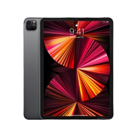 Apple iPad Pro gri renkli 11 inç tablet; 5G destekli, arka planında renkli ışık desenleri yer alıyor.