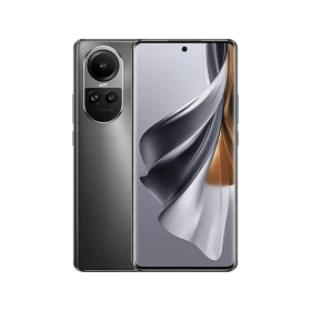 Oppo Reno 10 gri akıllı telefon, ön ekran ve arka kamera modülüyle vitrin görünümü