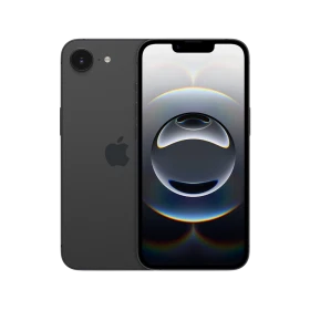 Apple iPhone 16e siyah akıllı telefonun ön ve arka yüzü, ekranı açık ürün görünümü