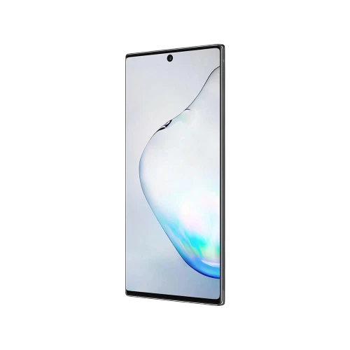 Siyah Samsung Galaxy Note 10 Plus akıllı telefonun ince çerçeveli ekran ve ön kamera detayı, önden görünüm