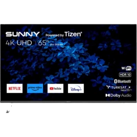 Sunny SN65FMN503 Ultra HD 4K TV’nin önden görünümü, ekranda mavi çiçek desenli içerik yer alıyor