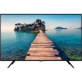 Vestel 43U9000 Ultra HD 4K LED televizyon, siyah çerçeveli ve deniz manzarası gösteren ekranıyla.