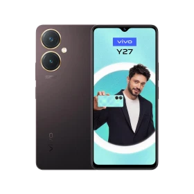 Vivo Y27 bordo akıllı telefon, ön ekran ve arka yüz tasarımı çift kamera detayıyla vitrin görünümü