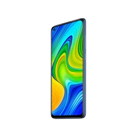 Xiaomi Redmi Note 9 mavi akıllı telefon, ön yüz ve tam ekran tasarımıyla renkli ekran görüntüsüyle gösteriliyor