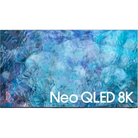 Samsung 85QN900A Ultra HD 8K QLED TV ekranında Neo QLED 8K yazısı ve mavi parlak görüntü.
