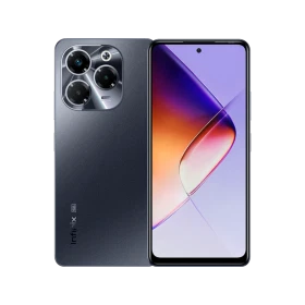 Siyah Infinix Note 40X 5G akıllı telefon, ön ekran ve arka kamera modülüyle vitrin görünümü