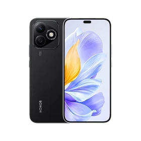 Honor X60i Plus siyah akıllı telefon, ön ve arka yüzüyle geniş ekran ve çift kamera tasarımıyla vitrin çekimi
