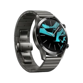 Huawei Watch GT 2 Elite 46mm titanyum akıllı saat, siyah kadran ve metal bilezikle önden görünüm