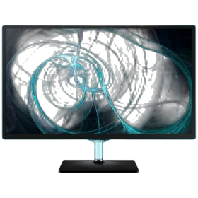Samsung T24D390 Full HD FHD TV, genel renkli tasarım; soyut mavi renkli ekran görüntüsüyle vitrinde.