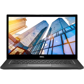 Siyah Dell Latitude 7490 N016L749014EMEA_W iş odaklı laptop; açık ekranda şehir manzarası görüntüleniyor.