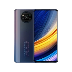 Poco X3 Pro siyah akıllı telefon, ön ekran ve yuvarlak çoklu arka kamera tasarımıyla vitrin görünümü