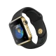 Apple Watch Edition 38 mm akıllı saat, 18 ayar sarı altın kasa ve siyah spor kordonuyla önden görünür