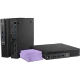 Dell Optiplex 3050 Micro masaüstü bilgisayar, siyah kasası ve ön panel bağlantılarıyla önden ve yandan görünüm
