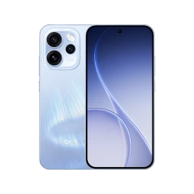 Oppo Reno 15 Pro mavi akıllı telefonun ön ve arka yüzü, geniş ekran ve üçlü kamera modülüyle vitrin görünümü