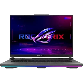 Asus ROG Strix G16 G614FRA10-S5110A10 siyah oyuncu laptop; mor RGB ışık efektli ekran.