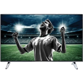 Vestel 43UB7950 Ultra HD 4K LED televizyon, stadyumda sevinen futbolcu görüntüsüyle siyah ekranlı tasarım