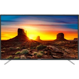 Axen AX55LEDA88 Ultra HD 4K LED televizyon, gün batımı manzarası gösteren siyah ekranlı TV