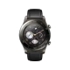 Huawei Watch 2 Classic gri akıllı saat, siyah kayış ve klasik kadran tasarımıyla önden görünüm