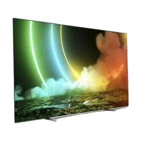 Philips 55OLED706 Ultra HD 4K OLED TV ekranında renkli ışık ve manzara sahnesi, genel renk tasarım
