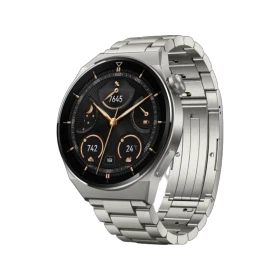 Huawei Watch GT 3 Pro titanyum kayışlı akıllı saat, siyah kadran ve titanyum kasa detaylarıyla önden görünüm