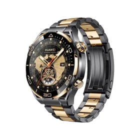 Huawei Watch Ultimate Design siyah akıllı saat, altın detaylı kasası ve metal bileziğiyle önden görünüm