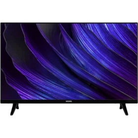 Vestel 32H9600 HD Ready LED televizyon, mor ve mavi soyut ekranıyla önden görünüm