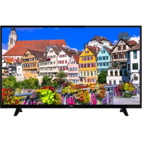 Vestel 50UB6300 Ultra HD 4K LED televizyon, siyah çerçevesiyle renkli şehir manzarası gösteriyor