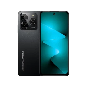 General Mobile Era 50 siyah akıllı telefonun ön ve arka tasarımı, üçlü kamera modülüyle vitrinde sergileniyor