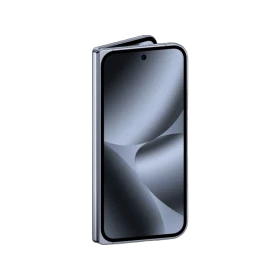 Google Pixel 10 Pro Fold gri akıllı telefonun katlanmış halde önden ve yandan görünümü
