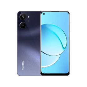 Realme 10 siyah akıllı telefon, ön ekran ve arka çift kamera tasarımını gösteren vitrin görünümü