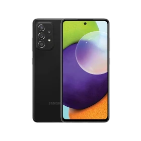 Samsung Galaxy A52 siyah akıllı telefon, ön ekran ve arka kamera tasarımıyla vitrinde önden görünüm