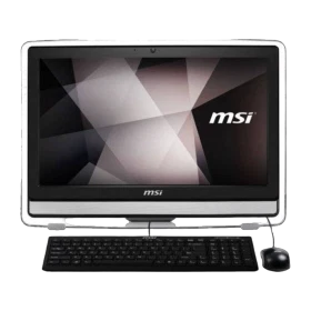 MSI PRO 22E 7M-062XEU beyaz masaüstü bilgisayar, klavye ve fareyle birlikte önden görünüm