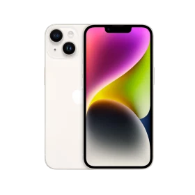 Apple iPhone 14 Plus beyaz akıllı telefonun ön ve arka yüzü, çift kamera ve tam ekran tasarım detayları