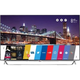 LG 65UB930V Ultra HD 4K LED televizyon; şehir manzarası ve canlı menü ekranı ile vitrin görünümü