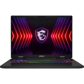MSI Sword 16 HX B14VGKG-473XTR koyu gri oyuncu laptop; ejderha arması ve RGB aydınlatmalı ekran vurgusu.