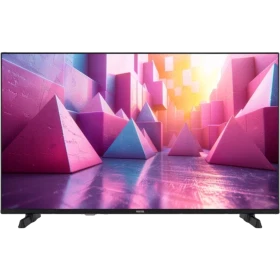 Vestel 43UA9740 Ultra HD 4K LED televizyon, siyah çerçevesinde renkli geometrik şehir manzarası görüntüleniyor
