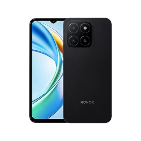 Honor X5B siyah akıllı telefon, önden ekran ve arkadan kamera modülüyle vitrin görünümü