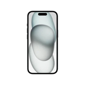 Siyah Apple iPhone 15 akıllı telefon, önden görünüm; ince çerçeve ve Dynamic Island ekran tasarımı