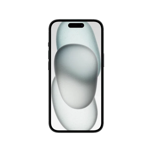 Siyah Apple iPhone 15 akıllı telefon, önden görünüm; ince çerçeve ve Dynamic Island ekran tasarımı