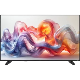 Vestel 43UG9750 Ultra HD 4K LED televizyon, siyah çerçeveli ve renkli dalga görüntülü ekranıyla önden görünüm