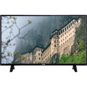 Vestel 39FB5000 Full HD LED televizyon, siyah çerçeveli ayaklı tasarımıyla manzara görüntüsü gösteriyor