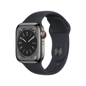 Apple Watch Series 8 Cellular 41 mm siyah paslanmaz çelik kasa ve spor kordonlu akıllı saat görünümü