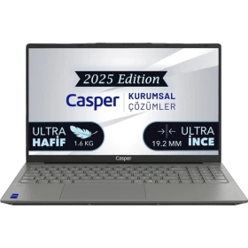 Casper Nirvana X700.155H-BV00X-G-F gri iş ve ofis laptopu; 2025 Edition ve kurumsal çözümler ekranlı tanıtım görüntüsü