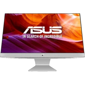 Asus M241DAK-WA038M masaüstü bilgisayarın gümüş renkli, geniş ekranlı önden görünümü