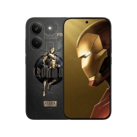 Siyah Xiaomi Poco X8 Pro Iron Man telefonun ön ve arka yüzü, özel Iron Man tasarımıyla birlikte gösteriliyor