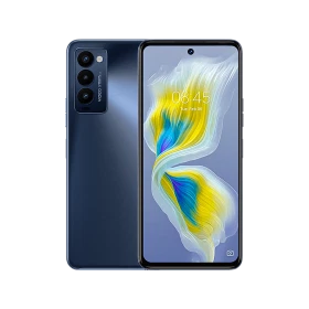 Tecno Camon 18 P siyah akıllı telefon, ön ekran ve üçlü arka kamera modülüyle önden-arkadan görünüm
