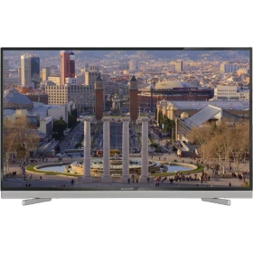 Arçelik A48 LB 9486 Ultra HD 4K LED televizyon, şehir manzarası gösteren siyah ekranıyla önden görünüm