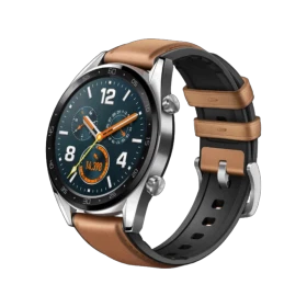 Huawei Watch GT Classic 46.5 mm gri akıllı saat, kahverengi kayışı ve yuvarlak ekranıyla önden görünür.